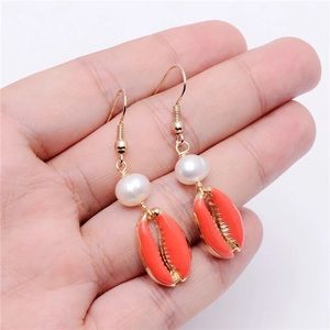 Beach Fashion Cowries shell pearl dangle earrings